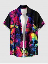 Chemise Hawaii à imprimé crânes, fleurs et feuilles avec poche boutonnée pour homme - Violacé rouge M