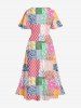 Paisley Flower Colorful Geometric Colorblock Print Hawaii Split Pocket A Line Midi Dress - Rose  4X