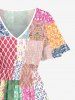 Paisley Flower Colorful Geometric Colorblock Print Hawaii Split Pocket A Line Midi Dress - Rose  4X