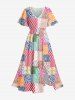 Paisley Flower Colorful Geometric Colorblock Print Hawaii Split Pocket A Line Midi Dress - Rose  4X