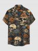 Skulls Rose Flowers Print Buttons Pocket Hawaii Shirt For Men - Brun S