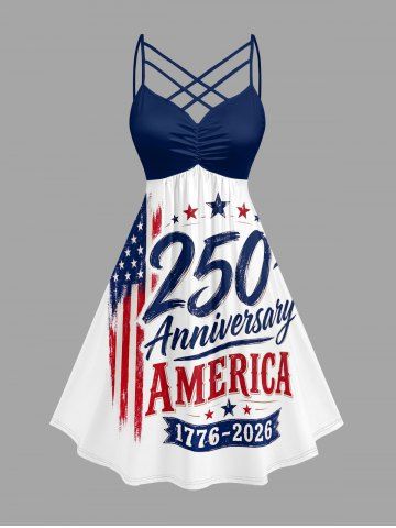 Plus Size Patriotic American Flag Letters Print Ruched Crisscross Strappy A Line Dress - WHITE - 2X