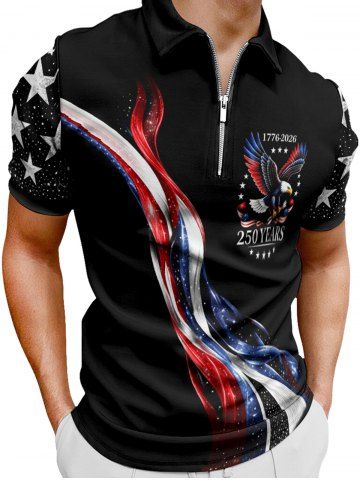Plus Size Patriotic American Flag Eagle Print Zipper Polo Shirt For Men - BLACK - XS