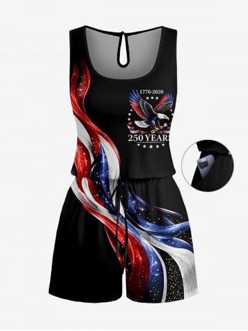 Patriotic American Flag Eagle Print Cinched Romper - BLACK - 4X