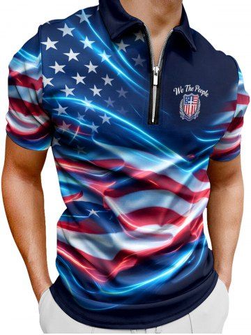 Plus Size Patriotic American Flag Print Zipper Polo Shirt For Men - DEEP BLUE - XS