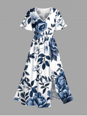 Plus Size Flowers Leaf Print Split Hawaii Midi Dress - DEEP BLUE - 6X