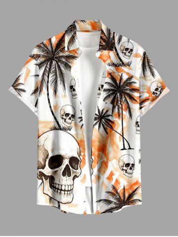 Plus Size Coconut Tree Skulls Print Hawaii Button Pocket Shirt For Men - ORANGE - M