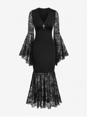 Flower Lace Trim Patchwork Cross Flare Sleeve Mermaid Dress - BLACK - M