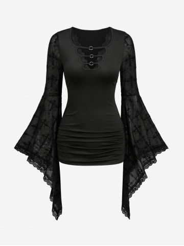 Cross Floral Flocking Ruched Hollow Out Panel Flare Sleeves Top - BLACK - L
