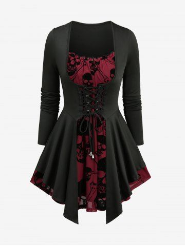 Skull Flocking Grommets Lace Up Ruffles Ruched Long Sleeves 2 In 1 Top - RED WINE - XXL
