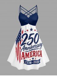 Patriotic American Flag Letters Print Ruched Crisscross Strappy A Line Dress -  