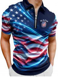 Patriotic American Flag Print Zipper Polo Shirt For Men -  