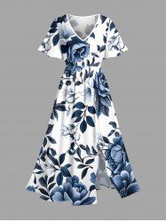 Plus Size Flowers Leaf Print Split Hawaii Midi Dress - Bleu profond S
