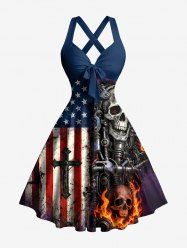 Patriotic American Flag Cross Skull Fireflame Print Crisscross Straps Bowknot Tank Dress -  