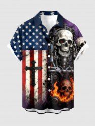 Patriotic American Flag Cross Skull Fireflame Print Buttons Pocket Shirt For Men -  