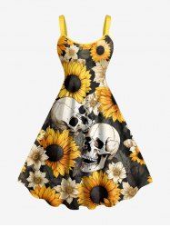 Skulls Sunflowers Print Hawaii Tank Dress - Brun Doré 3X