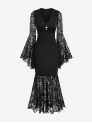 Flower Lace Trim Patchwork Cross Flare Sleeve Mermaid Dress -  