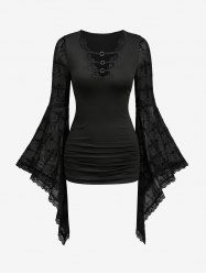Cross Floral Flocking Ruched Hollow Out Panel Flare Sleeves Top -  