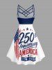 Patriotic American Flag Letters Print Ruched Crisscross Strappy A Line Dress -  