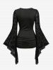 Cross Floral Flocking Ruched Hollow Out Panel Flare Sleeves Top -  