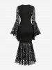 Flower Lace Trim Patchwork Cross Flare Sleeve Mermaid Dress -  