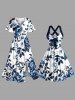 Plus Size Flowers Leaf Print Split Hawaii Midi Dress - Bleu profond XS