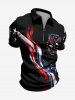 Patriotic American Flag Eagle Print Zipper Polo Shirt For Men -  