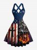 Patriotic American Flag Cross Skull Fireflame Print Crisscross Straps Bowknot Tank Dress -  