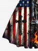 Patriotic American Flag Cross Skull Fireflame Print Crisscross Straps Bowknot Tank Dress -  