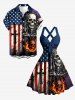 Patriotic American Flag Cross Skull Fireflame Print Crisscross Straps Bowknot Tank Dress -  