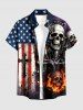 Patriotic American Flag Cross Skull Fireflame Print Buttons Pocket Shirt For Men -  