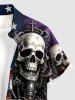 Patriotic American Flag Cross Skull Fireflame Print Buttons Pocket Shirt For Men -  