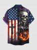 Patriotic American Flag Cross Skull Fireflame Print Buttons Pocket Shirt For Men -  