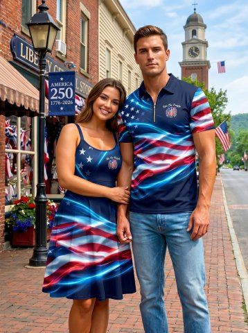 Patriotic American Flag Print Plus Size Matching Outfit For Couples - DEEP BLUE