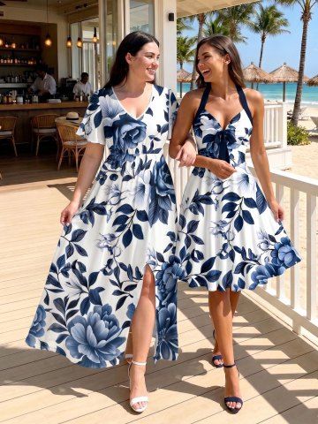 Flowers Leaf Print Matching Hawaiian Outfits For Best Friends - DEEP BLUE