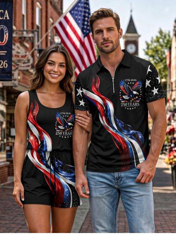 Matching Hawaii Shirt and Romper Plus Size Beach Outfit Patriotic American Flag Eagle Print for Couples - BLACK