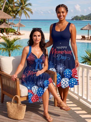 Patriotic American Flag Balloon Fireworks Letters Print Matching Outfit For Best Friends - DEEP BLUE