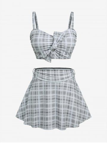 Maillot de bain trois pièces bikini long rembourré à carreaux grande taille avec nœud papillon - GRAY - 3X | US 22-24