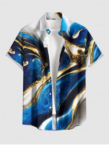 Plus Size Ocean Currents Print Buttons Pocket Hawaii Shirt For Men - BLUE - L