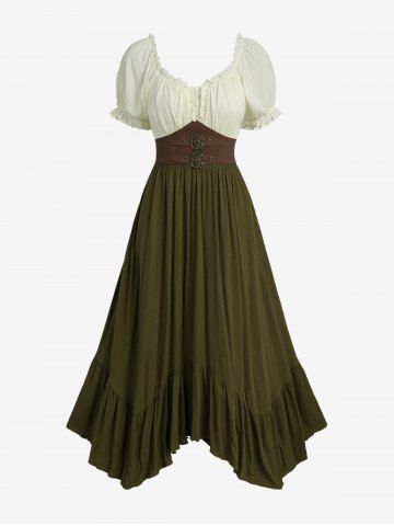 Robe midi asymétrique à fronces, volants, boucle et œillets - ARMY GREEN - S