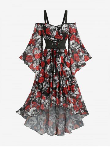 Skulls Rose Flower Print Grommets Lace Up Flare Sleeves Cold Shoulder High Low Dress - RED - M