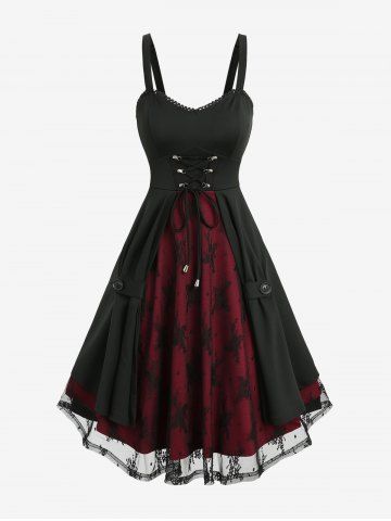 Lace Jacquard Embroidery Mock Button Lace-up A Line Dress - BLACK - XXL