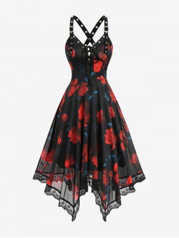 Flower Print Lace Up Crisscross Strappy Handkerchief Casual Dress - RED WINE - S