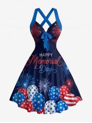 Patriotic American Flag Balloon Fireworks Letters Print Halter Crisscross A Line Dress -  