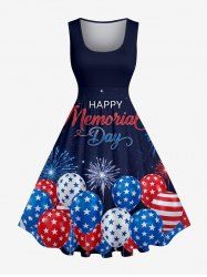 Patriotic American Flag Balloon Fireworks Letters Print Vintage Swing A Line Dress -  