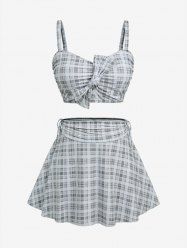 Plus Size Plaid Cinched Bowknot Padded Longline Bikini Three Piece Swimsuit -  