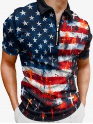 Patriotic American Flag Paint Splatter Print Zipper Polo Shirt For Men -  
