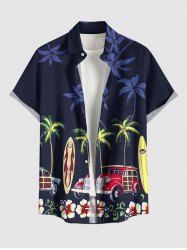 Coconut Tree Hibiscus Flower Car Print Hawaii Button Pocket Shirt For Men - Bleu de Minuit 6XL