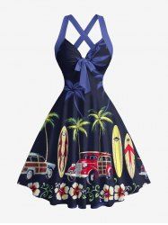 Coconut Tree Hibiscus Flower Car Print Hawaii Halter Crisscross Strappy A Line Dress - Bleu de Minuit XL