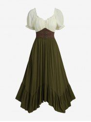 Ruched Ruffles Buckle Grommets Asymmetric Midi Dress -  